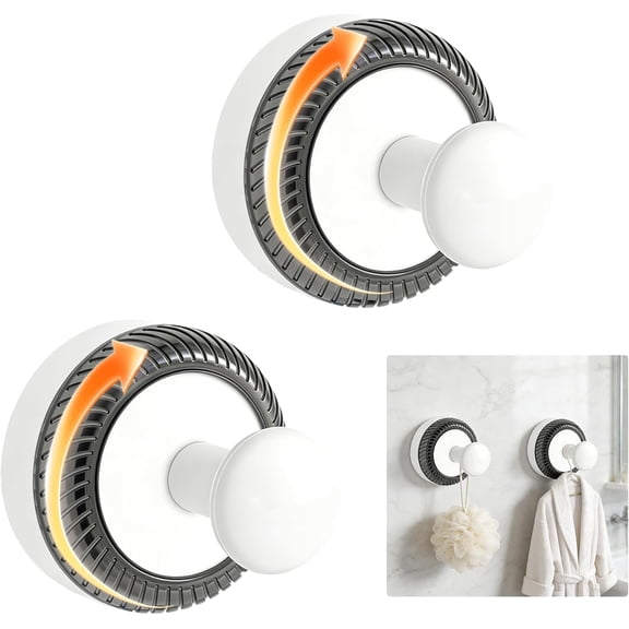 2-Pack Upgraded Suction Cup Hooks for Shower Wall, Heavy Duty Vacuum Lock Towel Hooks, Waterproof & Rustproof Removable Hanger for Bathroom Glass, Tile, & Kitchen - White