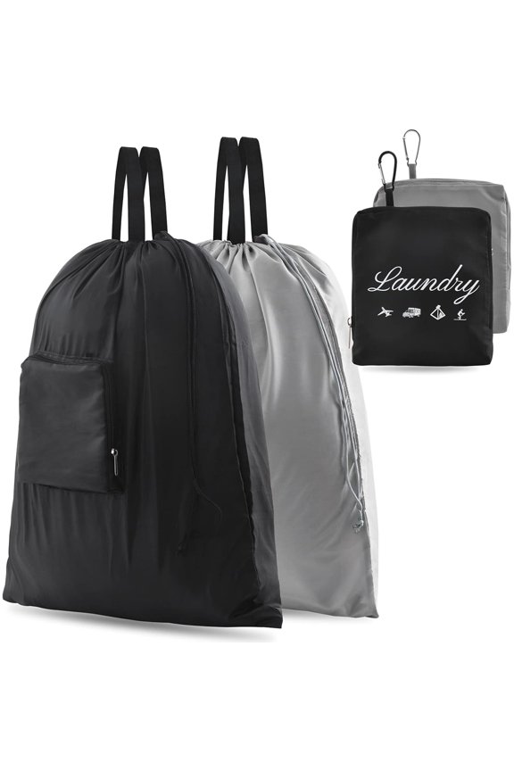 2 Pack Upgraded Travel Laundry Bags with Handles & Aluminum Carabiner, Dirty Clothes Storage Organizer for Travel, Camping, Gym & Students, Black & Grey, 24"L x 21"W