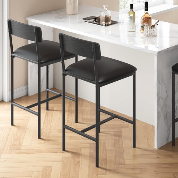 2-Pack Upholstered Counter Bar Stools with Back and Footrest Metal for Kitchen Island Rustic Black