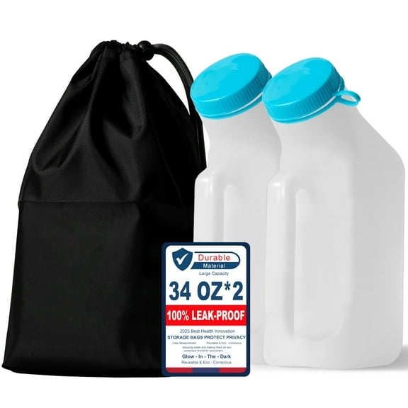 2-Pack Urinals for Men 1000ml - Glow in The Dark Spill-Proof Pee Bottles with Pop Cap Lid, Portable Male Urinal for Car Travel/Elderly Care/Incontinence