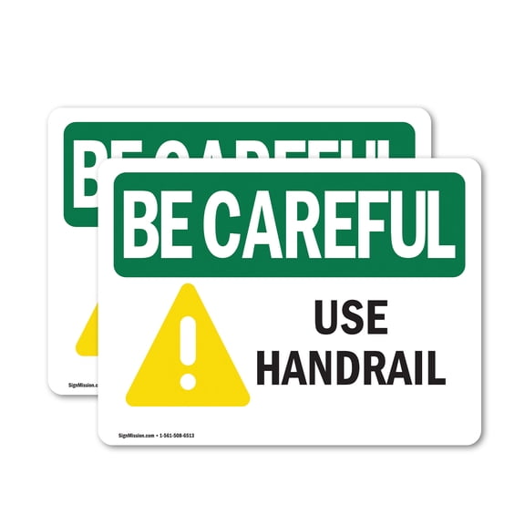(2 Pack) Use Handrail OSHA Be Careful Sign 5 Inch X 3.5 Inch Vinyl Label Decal Sticker Weather Resistant, UV Protected for Workplace, Business, and Construction Site, Made in the USA