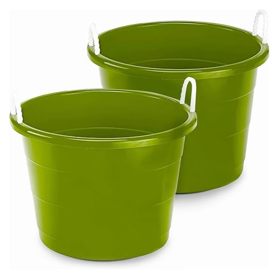 2-Pack Utility Tub, Large Plastic Storage Bucket with Rope Handles, 17 Gallon, Green - Portable Indoor and Outdoor Buckets for Kitchen, Laundry, Garden, Bathroom, and Garage Organization
