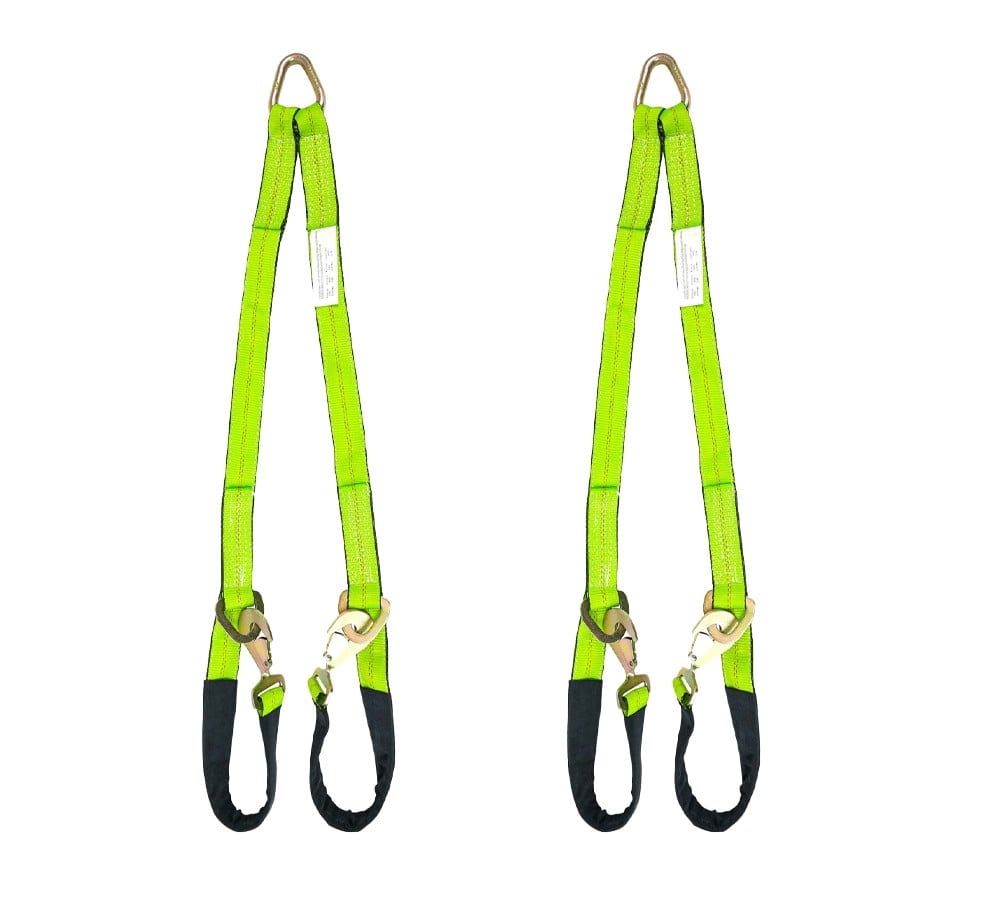 (2 Pack) V-Bridle Strap 2" x 4' w/Snap Hooks w/Cordura Sleeve and Axle Straps, D Ring Middle, for Car Hauler, Rollback, Flat Bed, Tow Truck, Wreck & Recovery