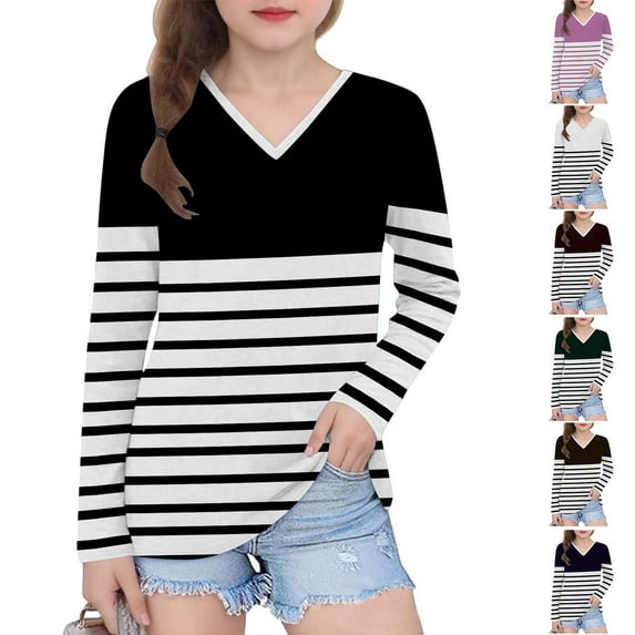 2 Pack V Neck Tops for Girls Long Sleeve T Shirts Size 3-14 Teens Casual Color Block Stripe Pullover Comfort Basic Going Out Tunic Top