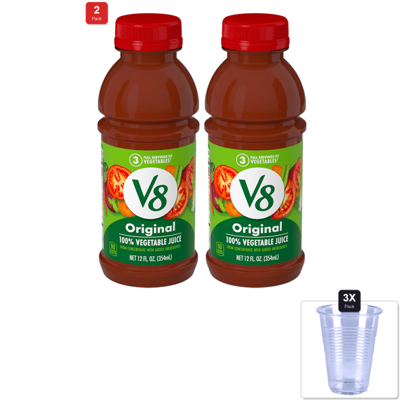 2 Pack | V8 Original 100% Vegetable Juice, 12 Fl Oz Bottle & 3x Disposable Cup
