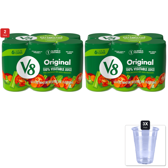 2 Pack | V8 Original 100% Vegetable Juice, 5.5 Fl Oz Can (6 Pack) & 3x Disposable Cup
