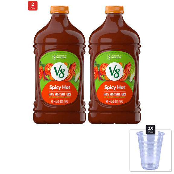 2 Pack | V8 Spicy Hot 100% Vegetable Juice, 64 Fl Oz Bottle & 3x Disposable Cup