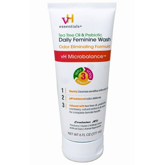 vH essentials Intimate Feminine Wash, pH Balanced with Tea Tree Oil, Cranberry, Prebiotics Odor Eliminating Formula, 6 FL OZ - 2 Pack