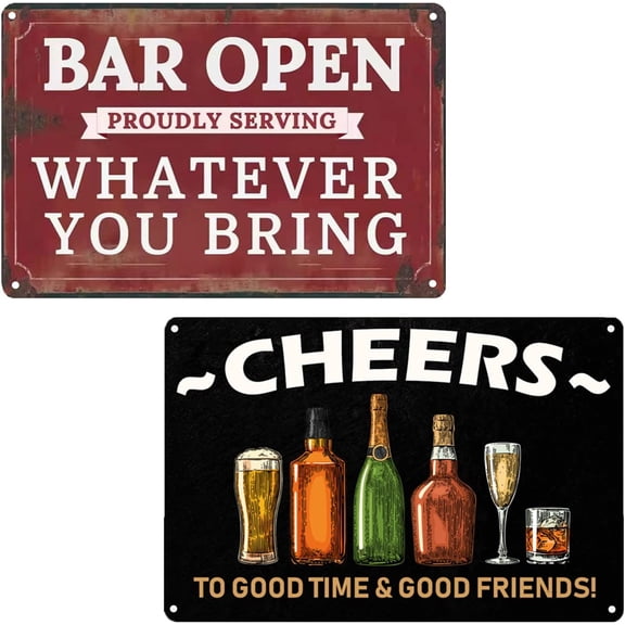 2 Pack VSIIKO Bar Open and Cheers Funny Metal Tin Sign Home Bar Signs for Man Cave Coffee Small Vintage Wall Decor for Men 8"x12" Inch