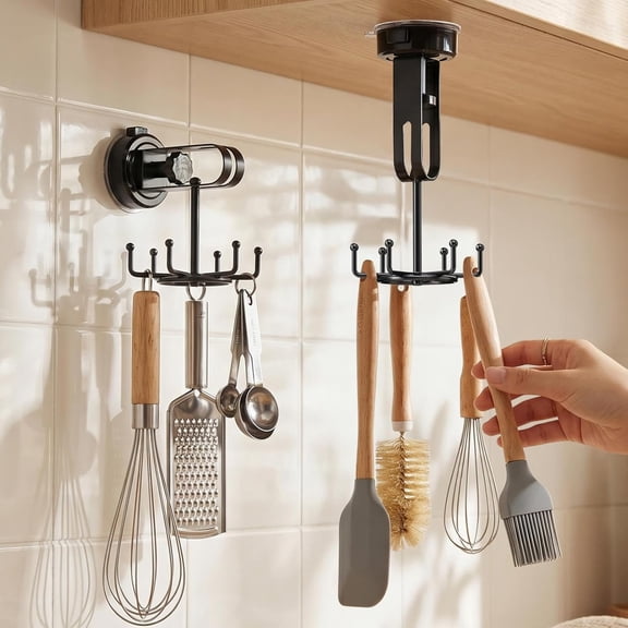2 Pack Vacuum Suction Cup Kitchen Utensil Hook with 6 Hooks, [Up to 11 lbs ] Under Cabinet Kitchen Hooks with 360    Rotating, Utensils Hanging Rack for Kitchen, Bedroom, Bathroom, Glass