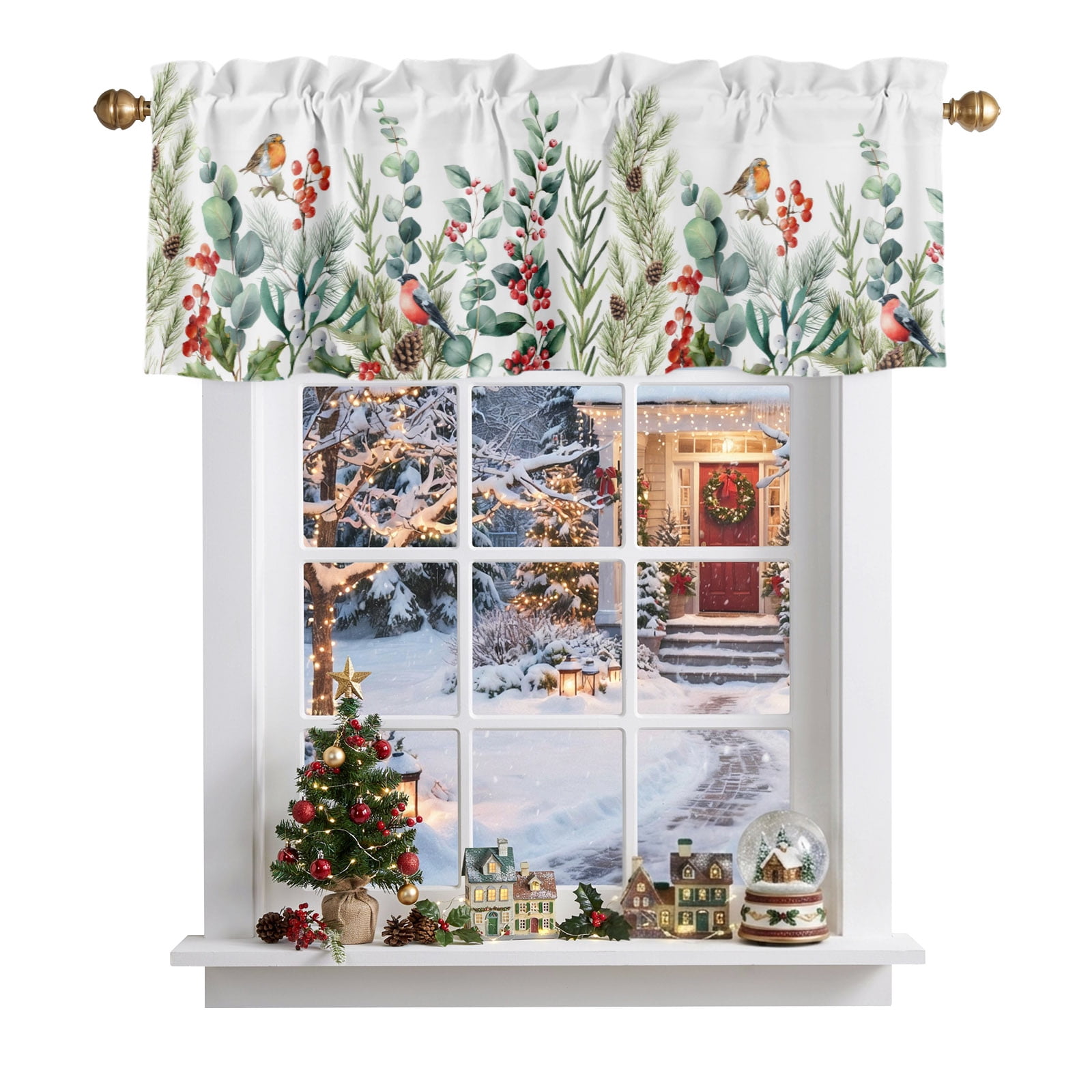 Rod Bird 2 Pack Valance Curtains for Kitchen Windows Winter Bird Eucalyptus Leaf ...