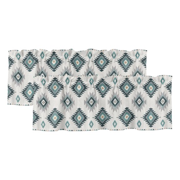 2 Pack Valance for Windows, Boho Turquoise Geometric Rod Pocket Valances Curtain, Southwest Tribal Style Decoration Short Curtains for Bedroom Living Room Bathroom,42x12in
