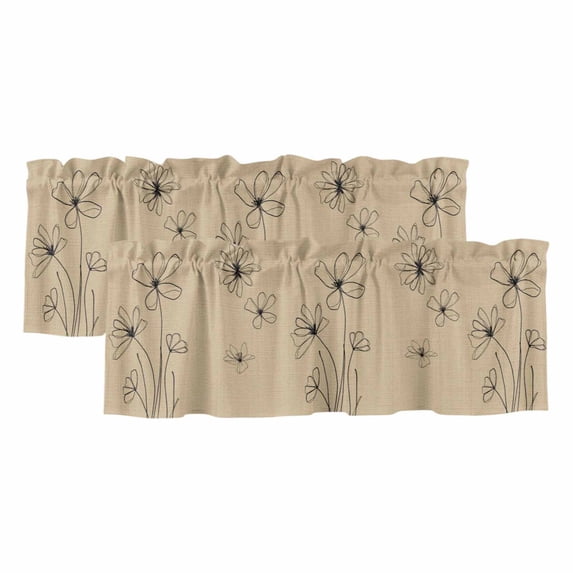 2 Pack Valances for Window, Black Khaki Short Curtains for Kitchen Bedroom Living Room, Spring Flora Rod Pocket Small Window Treatment Valance Drapes 54 x 18 Inch