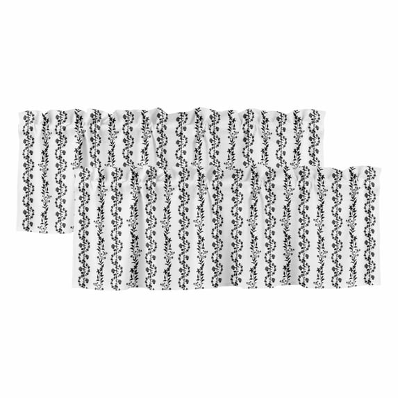 2 Pack Valances for Window, Black Spring Leaves Short Curtains for Kitchen Bedroom Living Room, Pastoral Botanical Striped Flowers Rod Pocket Small Window Treatment Valance Drapes 60 x 18 Inch