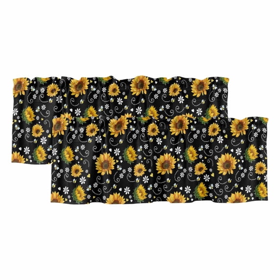 2 Pack Valances for Window, Black Yellow Sunflower Short Curtains for Kitchen Bedroom Living Room, Summer Botanical Farmhouse Floral Rod Pocket Small Window Treatment Valance Drapes 42 x 12 Inch