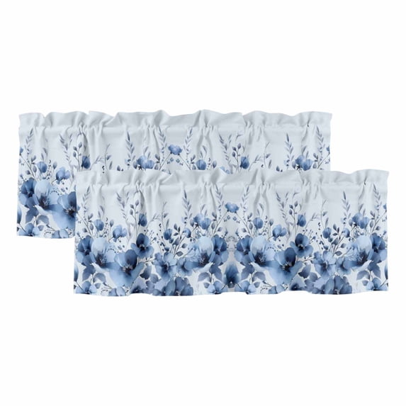 2 Pack Valances for Window, Blue Blooms Floral Short Curtains for Kitchen Bedroom Living Room, Spring Flowers Botanical Blue Ombre Rod Pocket Small Window Treatment Valance Drapes 42 x 18 Inch