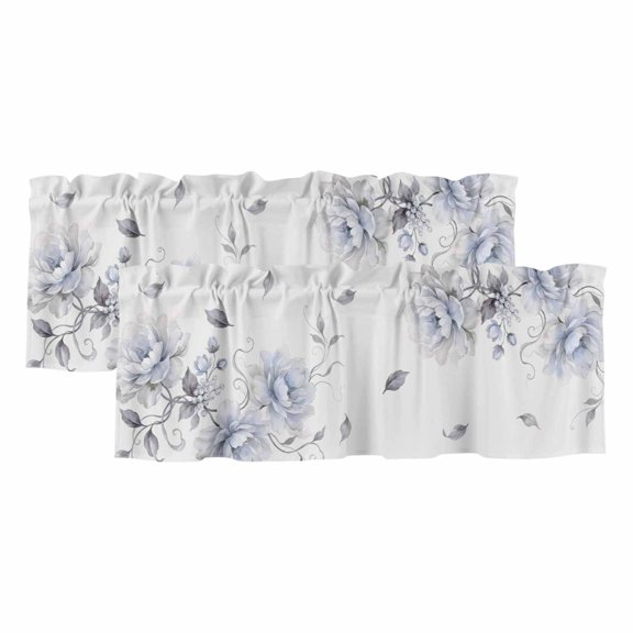 2 Pack Valances for Window, Blue Chic Floral Short Curtains for Kitchen Bedroom Living Room, Spring Flower Garden Farmhouse Rod Pocket Small Window Treatment Valance Drapes 42 x 12 Inch