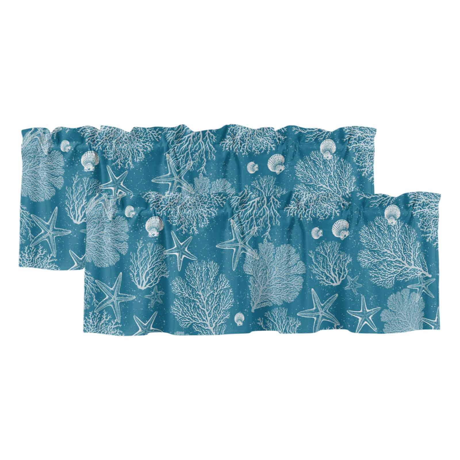2 Pack Valances for Window, Blue Coastal Short Curtains for Kitchen ...