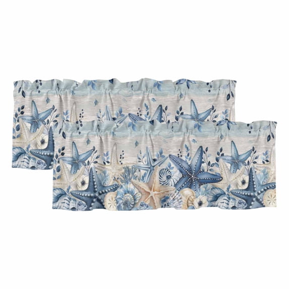 2 Pack Valances for Window, Blue Coastal Starfish Short Curtains for Kitchen Bedroom Living Room, Beach Nautical Shell Eucalyptus Vintage Rod Pocket Small Window Treatment Valance Drapes 54 x 18 Inch