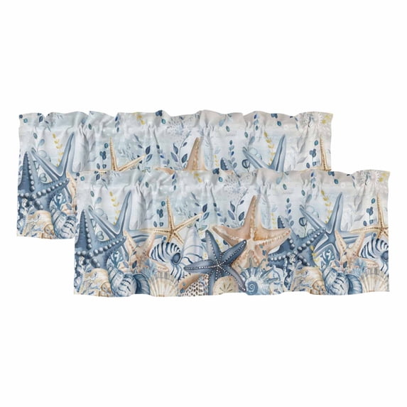 2 Pack Valances for Window, Blue Eucalyptus Coastal Short Curtains for Kitchen Bedroom Living Room, Beach Starfish Shell Nautical Ombre Rod Pocket Small Window Treatment Valance Drapes 42 x 12 Inch