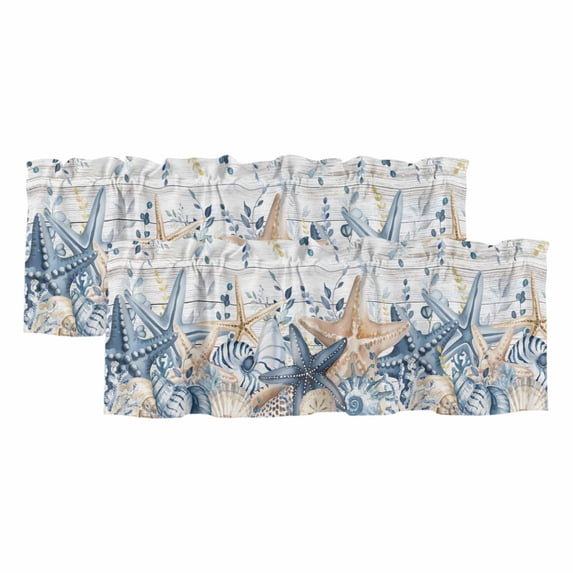2 Pack Valances for Window, Blue Eucalyptus Coastal Short Curtains for Kitchen Bedroom Living Room, Beach Starfish Shell Nautical Retro Rod Pocket Small Window Treatment Valance Drapes 60 x 18 Inch