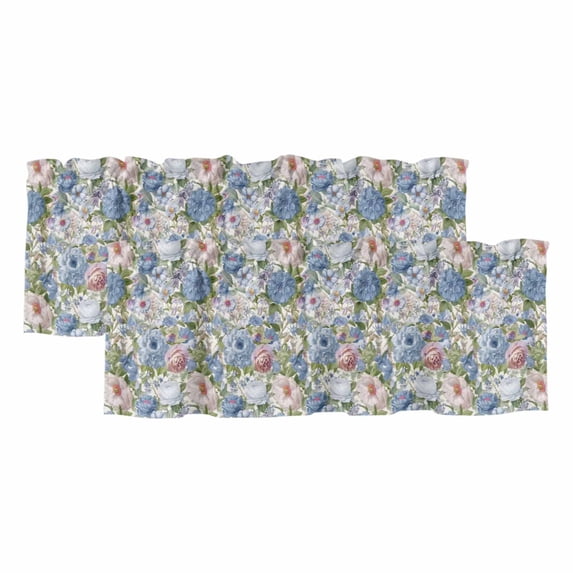 2 Pack Valances for Window, Blue Pink Spring Floral Short Curtains for Kitchen Bedroom Living Room, Vintage Summer Botanical Rod Pocket Small Window Treatment Valance Drapes 42 x 12 Inch
