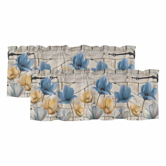 2 Pack Valances for Window, Blue Yellow Tulips Short Curtains for Kitchen Bedroom Living Room, Retro Farmhouse Flower Barn Doors Wooden Rod Pocket Small Window Treatment Valance Drapes 54 x 18 Inch