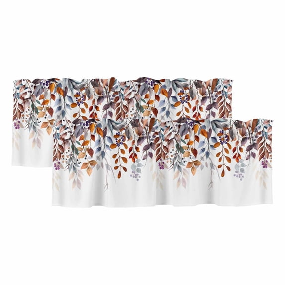 2 Pack Valances for Window, Brown Eucalyptus Leaves Short Curtains for Kitchen Bedroom Living Room, Summer Botanical Watercolor Leaf Rod Pocket Small Window Treatment Valance Drapes 42 x 18 Inch
