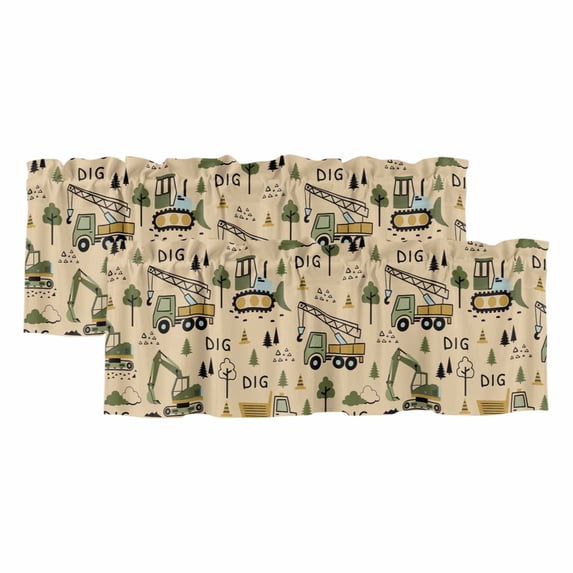 2 Pack Valances for Window, Cartoon Tractor Short Curtains for Kitchen Bedroom Living Room, Cute Digger Shovel Truck Car Khaki Rod Pocket Small Window Treatment Valance Drapes 42 x 12 Inch