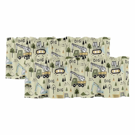 2 Pack Valances for Window, Cartoon Tractor Short Curtains for Kitchen Bedroom Living Room, Cute Green Digger Shovel Truck Rustic Rod Pocket Small Window Treatment Valance Drapes 42 x 18 Inch