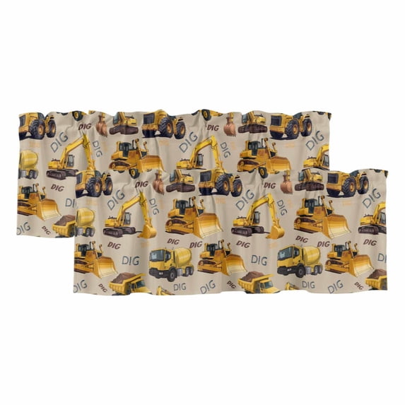 2 Pack Valances for Window, Construction Truck Short Curtains for Kitchen Bedroom Living Room, Cartoon Grips and Bulldozers Beige Rod Pocket Small Window Treatment Valance Drapes 60 x 18 Inch