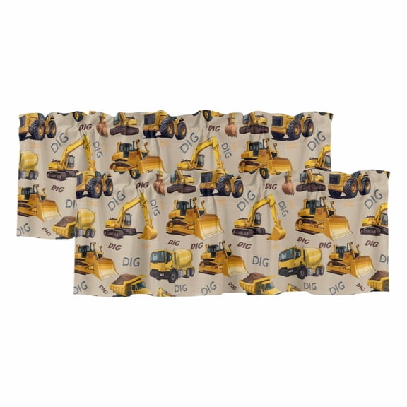 2 Pack Valances for Window, Construction Truck Short Curtains for Kitchen Bedroom Living Room, Cartoon Grips and Bulldozers Beige Rod Pocket Small Window Treatment Valance Drapes 42 x 12 Inch