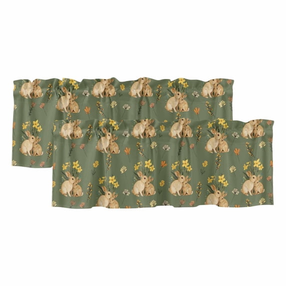 2 Pack Valances for Window, Easter Bunny Short Curtains for Kitchen Bedroom Living Room, Spring Yellow Flowers Country Plants Green Rod Pocket Small Window Treatment Valance Drapes 42 x 18 Inch