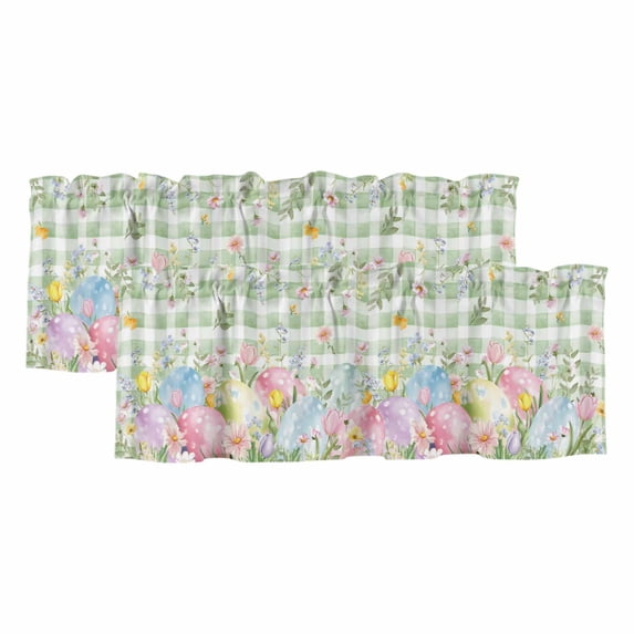 2 Pack Valances for Window, Easter Eggs Short Curtains for Kitchen Bedroom Living Room, Spring Daisy Eucalyptus Leaves Sage Green Plaid Rod Pocket Small Window Treatment Valance Drapes 60 x 18 Inch
