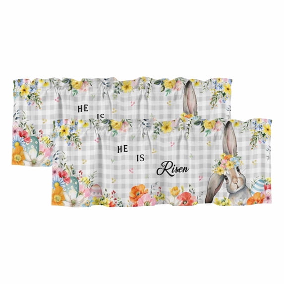 2 Pack Valances for Window, Easter Plaid Short Curtains for Kitchen Bedroom Living Room, Spring Watercolor Bunny Flower Grey Checkered Rod Pocket Small Window Treatment Valance Drapes 42 x 12 Inch