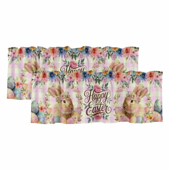 2 Pack Valances for Window, Easter Rabbit Eggs Short Curtains for Kitchen Bedroom Living Room, Spring Flowers Leaves Pastoral Pink Laid Rod Pocket Small Window Treatment Valance Drapes 54 x 18 Inch