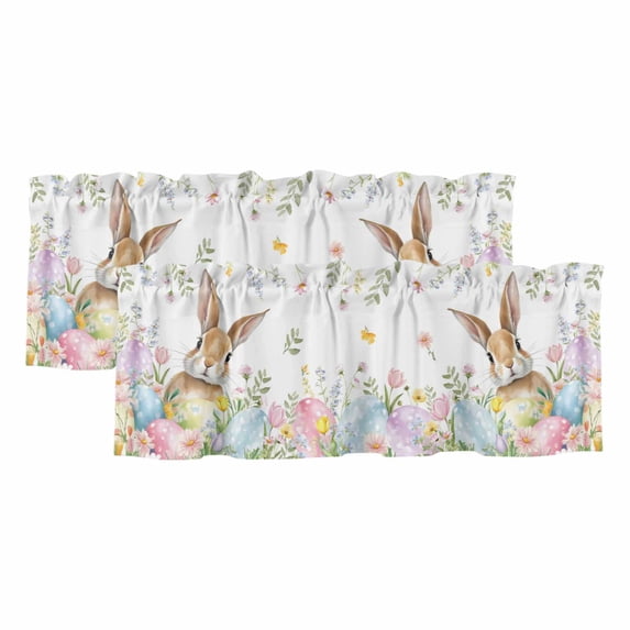 2 Pack Valances for Window, Easter Short Curtains for Kitchen Bedroom Living Room, Spring Rabbit Colorful Eggs Budding Florals Leaf Rod Pocket Small Window Treatment Valance Drapes 42 x 12 Inch
