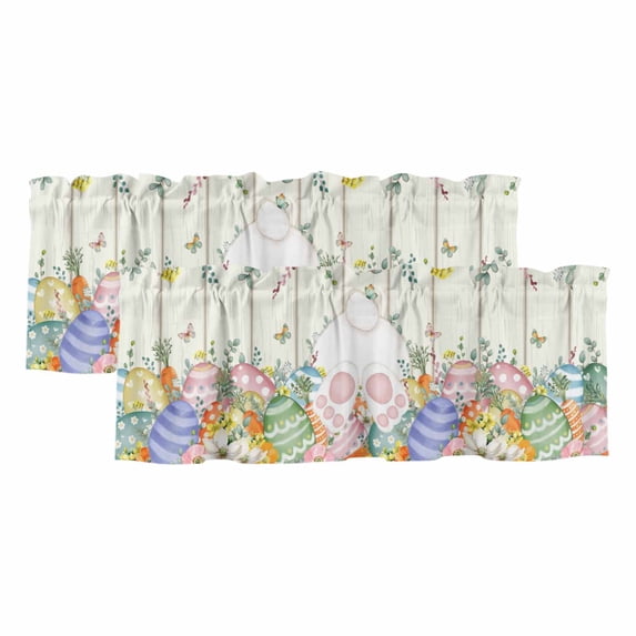 2 Pack Valances for Window, Easter Short Curtains for Kitchen Bedroom Living Room, Spring Rabbit Ears Foot Colorful Eggs Leaf Floral Rod Pocket Small Window Treatment Valance Drapes 42 x 12 Inch
