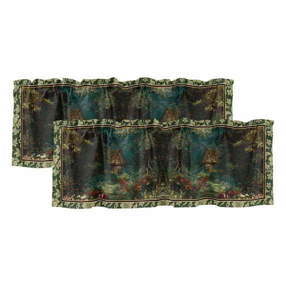 2 Pack Valances for Window, Forest Short Curtains for Kitchen Bedroom Living Room, Spring Oil Painting Country Cabin Trees Flower Rod Pocket Small Window Treatment Valance Drapes 42 x 12 Inch