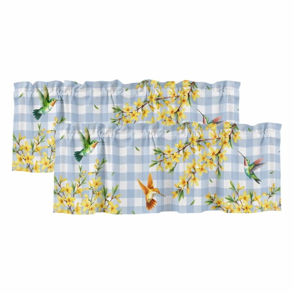 2 Pack Valances for Window, Forsythia Flowers Short Curtains for Kitchen Bedroom Living Room, Spring Yellow Floral Hummingbird Blue Plaid Rod Pocket Small Window Treatment Valance Drapes 42 x 18 Inch