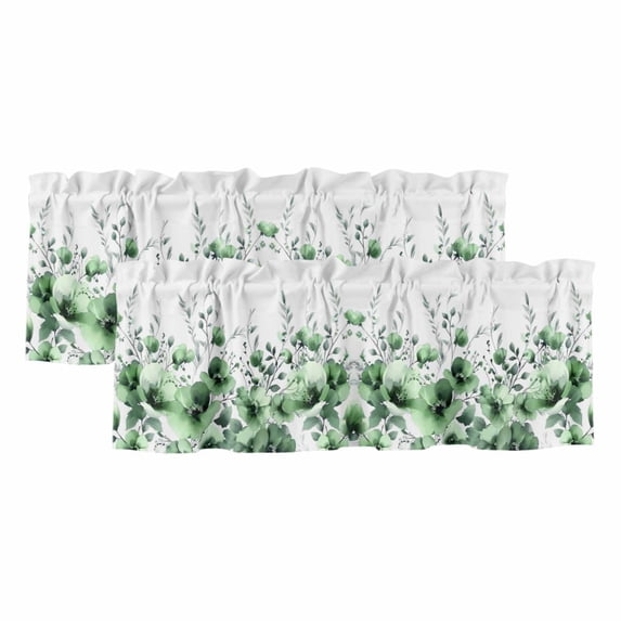 2 Pack Valances for Window, Green Blooms Floral Short Curtains for Kitchen Bedroom Living Room, Farmhouse Spring Flowers Botanical Rod Pocket Small Window Treatment Valance Drapes 42 x 18 Inch