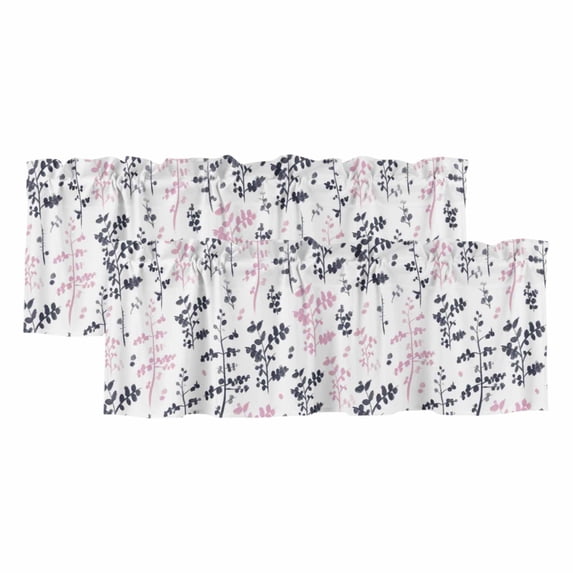 2 Pack Valances for Window, Grey Pink Botanical Short Curtains for Kitchen Bedroom Living Room, Watercolor Spring Floral Summer Leaf Rod Pocket Small Window Treatment Valance Drapes 42 x 18 Inch