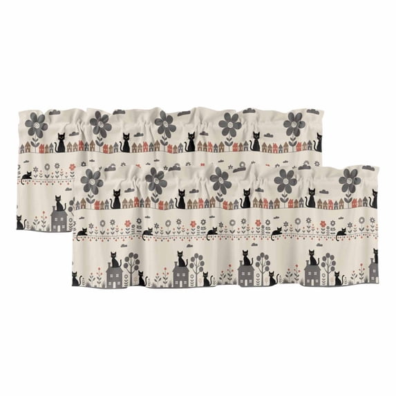 2 Pack Valances for Window, Japanese Style Short Curtains for Kitchen Bedroom Living Room, Vintage Cartoon Cat House Trees Flowers Rod Pocket Small Window Treatment Valance Drapes 42 x 12 Inch