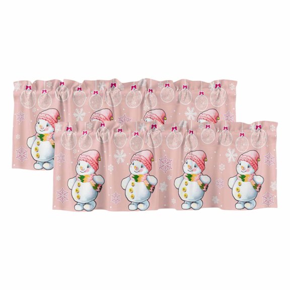 2 Pack Valances for Window, Pink Christmas Snowman Short Curtains for Kitchen Bedroom Living Room, Winter Snowflakes Xmas Balls Rod Pocket Small Window Treatment Valance Drapes 42 x 12 Inch