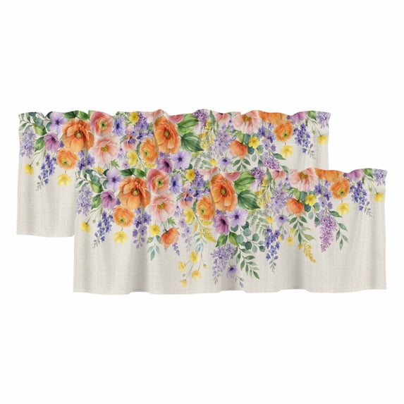 2 Pack Valances for Window, Pink Orange Flowers Short Curtains for Kitchen Bedroom Living Room, Spring Floral Farmhouse Botanical Rustic Rod Pocket Small Window Treatment Valance Drapes 42 x 18 Inch