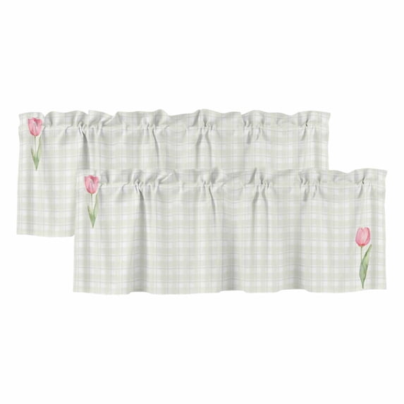 2 Pack Valances for Window, Pink Spring Floral Short Curtains for Kitchen Bedroom Living Room, Tulip Yellow Plaid Summer Botanical Rod Pocket Small Window Treatment Valance Drapes 60 x 18 Inch