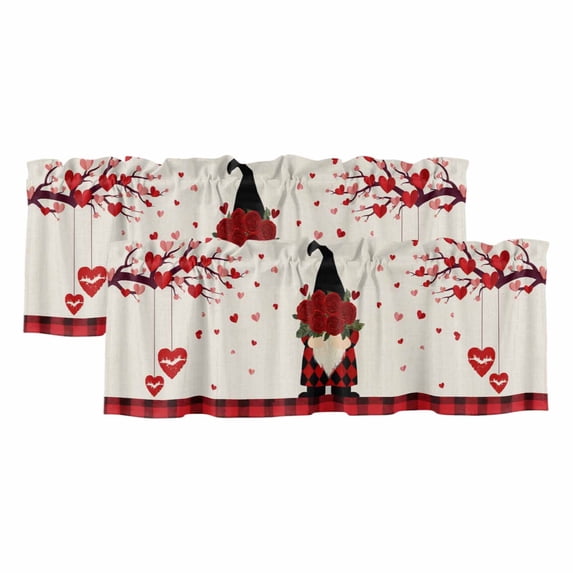 2 Pack Valances for Window, Red Gnomes Valentines Short Curtains for Kitchen Bedroom Living Room, Love Heart Tree Roses Plaid Rustic Rod Pocket Small Window Treatment Valance Drapes 42 x 18 Inch