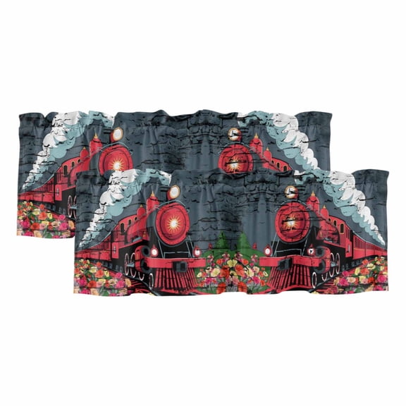 2 Pack Valances for Window, Red Trains Short Curtains for Kitchen Bedroom Living Room, Shabby Chic Cartoon Retro Flowers Artwork Rod Pocket Small Window Treatment Valance Drapes 42 x 18 Inch