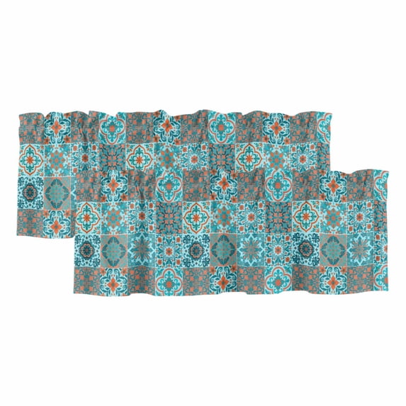 2 Pack Valances for Window, Retro Middle Century Short Curtains for Kitchen Bedroom Living Room, Rustic Bohemia Style Aztec Blue Rod Pocket Small Window Treatment Valance Drapes 60 x 18 Inch