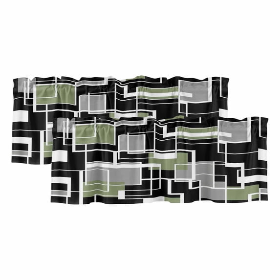 2 Pack Valances for Window, Sage Green Black Geometric Short Curtains for Kitchen Bedroom Living Room, Modern Abstract Art Block Rod Pocket Small Window Treatment Valance Drapes 54 x 18 Inch